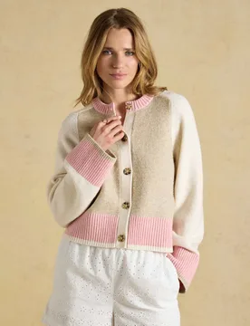 Colour Block Knitted Relaxed Cardigan Cream Mix female - Joules - FashionsVida