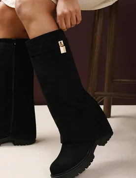 Women's 'Brescia' Fold Over Knee High Chunky Sole Boots in True Black Size: 4 - True Black - Size: 4 - Where's That From - FashionsVida