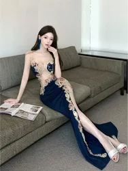 A long light luxury and niche slit dress with hollowed-out designs for banquets