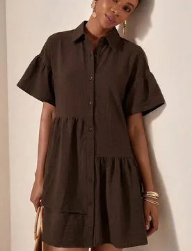 Vestido Camisa Mini Corto de Lino Marrón Fluido con Manga Corta Estilo Bohemio para Primavera/Verano 2026, Nuevo Festival de Música, Pascua, Día de - Shein - FashionsVida