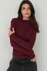 Womens Boat Neck Blouse With Gathering Detail - Burgundy - Size X-Small