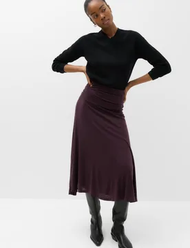 Lyocell Blend Ruched Midi A-Line Skirt Dark Aubergine female - M&S - FashionsVida
