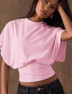 Camiseta de manga corta de algodón 95% color rosa minimalista y casual para mujer, adecuada para el verano M - Shein - FashionsVida