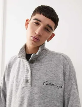 Mens Half Button Up Knitted Jumper In Grey - Size Small - COLLUSION - FashionsVida