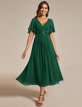 Vestido midi formal de invitada de boda para mujer en verde oscuro, con escote en V, corpiño cruzado, aplique floral en la cintura, de gasa fluida, v - Shein - FashionsVida