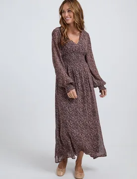 Pearl Ruched Waist Harvest Print Midi Dress In Brown - 8 - Lily and Lionel London Limited - FashionsVida