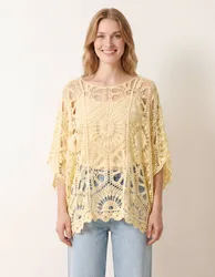 Crochet Detailed Kimono Top - ONE / LEMON - female