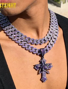 New Iced Out Star Cross Necklace Pendant for Men 12MM Cuban Chain Prong Setting Purple Cubic Zirconia Charm Hip Hop Jewelry - Aliexpress - FashionsVida