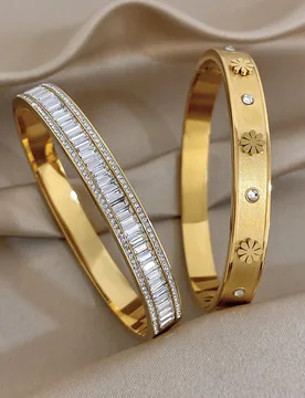 Luxury Strip Zircon Small Flower Stainless Steel Bangle for Women Golden Waterproof Spring Bracelet Charm Jewelry Accessories - Aliexpress - FashionsVida
