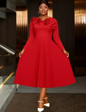Plus Size Red Wedding Dress round Neck Lotus Leaf Shape 3D Long Sleeve Pleated High Waist Banquet Gown for Women - Aliexpress - FashionsVida