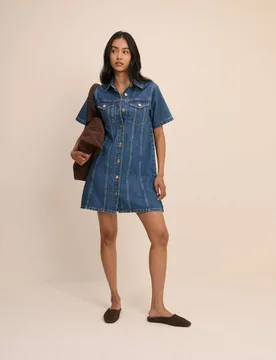 Denim Mini Shirt Dress Denim female - Nobody's Child - FashionsVida