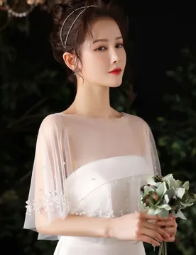 Simple White Wedding Shawl Cape with Pearl Details Bridal Wrap - Aliexpress - FashionsVida