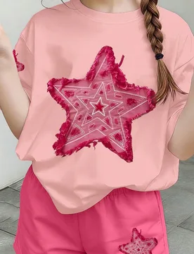 Set de 2 piezas de camiseta de manga corta con estampado + pantalones cortos para niñas, conjunto casual minimalista, adecuado para uso diario en pri - Shein - FashionsVida