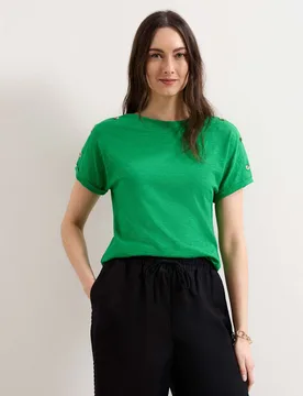 Pure Cotton Slash Neck Button Detail T-Shirt Green female - Phase Eight - FashionsVida