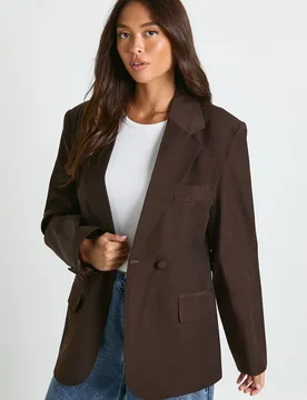 Womens Double Breasted Cinched Waist Tailored Blazer - Chocolate - Size 12 Uk - Boohoo - FashionsVida