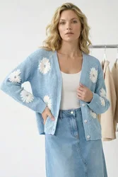 Women's Daisy Detail Knit Cardigan Sweater in Light Blue Size: 16 - Light Blue - Size: 16