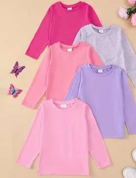 Juego de 5 piezas de camiseta de manga larga y pantalones de tela de punto suave y ligera de unicolor para niñas jóvenes, otoño e invierno 7Y - Shein - FashionsVida