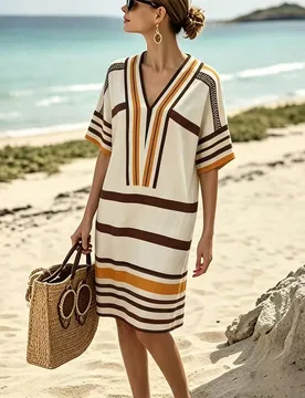 Vestido largo de mujer con estampado de estilo bohemio y cuello en V, corte holgado, adecuado para vacaciones, playa, fiestas y viajes: playa, isla, f - Shein - FashionsVida