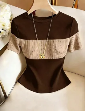 Camiseta de punto casual de manga corta con cuello redondo y color contrastante elegante para mujer, top para salir, para ir al trabajo, ropa de ofici - Shein - FashionsVida