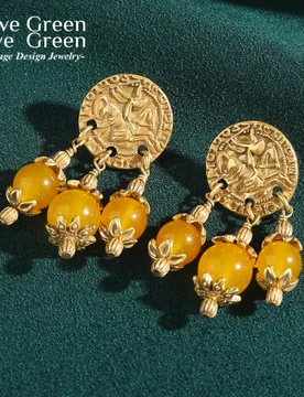Vintage Yellow Natural Stone Drop Earring Antique Gold Color Ancient Coin Jewelry Luxury Designer Christmas Decoration For Women - Aliexpress - FashionsVida