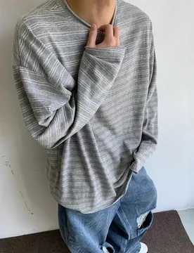 Men Light Grey Striped Cuff Long Sleeve T Shirt Lazy High Grade Clean Fit Basic Top Autumn Casual Loose Sweatshirt Street - Aliexpress - FashionsVida