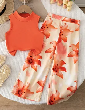 Conjunto de ropa de 2 piezas para niñas Primavera/Verano, Top sin mangas de cuello simulado naranja + Pantalones de pierna ancha con estampado de lir - Shein - FashionsVida