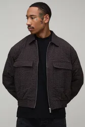 Herren Kastenförmig Geschnittene Strukturierte Karo-Jacke Im Harrington-Stil Brown Größe XL