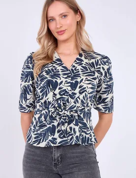 Women's Palm Leaf Print Short Sleeve Knotted Top in Blue Size: 10 - Blue - Size: 10 - LOVE SUNSHINE - FashionsVida