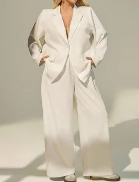 Conjunto de traje blanco elegante de talla grande, ropa formal de oficina de seda para mujer, ropa de trabajo casual de negocios, holgado, con solapa, - Shein - FashionsVida