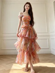 Manfeng one-shoulder puffed-sleeve floral cinched waist cake vacation dress
