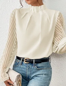 Pieza Blusa de manga larga con cuello alto elegante y empalme, para otoño S - Shein - FashionsVida