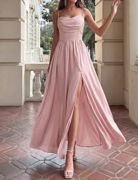 Vestido elegante con diseño de bolsillo en el cuello delantero, espalda transparente con detalle de lazo, corte A con abertura alta, vestido de dama - Shein - FashionsVida