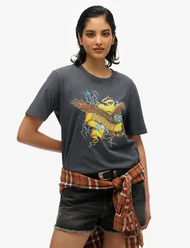 Superdry Damen Locker Geschnittenes T-shirt mit Biker-rock-grafik Dunkelgrau - Größe: 38 - 39.99 - FashionsVida