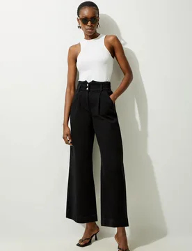 Womens Petite Denim Wide Leg Trousers - Black Cotton - Size 6 Uk - Karen millen - FashionsVida