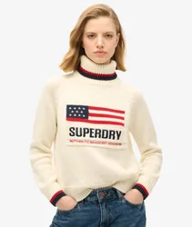 Superdry Women's Americana Strickpullover mit Rollkragen Creme - Größe: 38