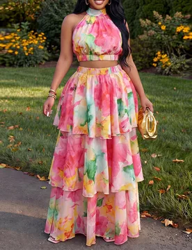 Conjunto de dos piezas para mujer talla grande, rosa con estampado floral, estilo boho tropical para verano, vacaciones y días festivos, top corto si - Shein - FashionsVida