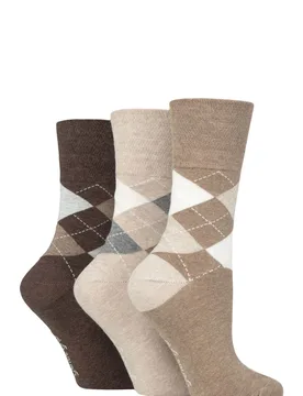 Women's 3 Pair Argyle Patterned Cotton Socks Argyle Brown / Neutral 4-8 Ladies - Brown - Size: Small - Gentle Grip - FashionsVida
