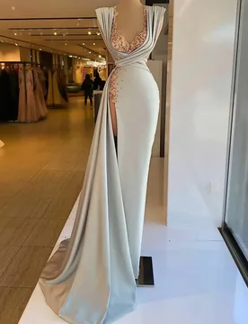 Mermaid Prom Dress V Neck Sleeveless V Neck Appliques Sequins Floor Length Satin Side Slit Evening Gowns Plus Size Bridal Gowns - Aliexpress - FashionsVida