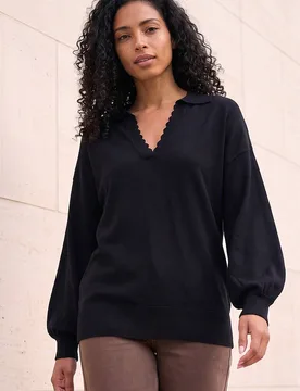 Women's Collared V-Neck Boyfriend Jumper in Black Size: 16 - Black - Size: 16 - Roman - FashionsVida