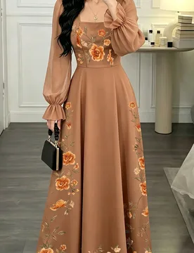 Vestido largo elegante con patrón floral y cintura ceñida para mujer, para fiestas y reuniones M - Shein - FashionsVida