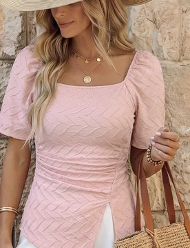 Camiseta rosa de manga corta con cuello cuadrado y cintura fruncida, moda de verano para mujer XL - Shein - FashionsVida