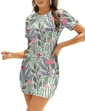 Pink Flamingos Pattern on Green Foliage Short-Sleeved Dress elegant dresses plus sizes Summer women's clothing - Aliexpress - FashionsVida