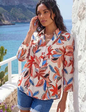 Womens Leaf Print Pintuck V-Neck Top - Orange - Size 20 Uk - Roman - FashionsVida