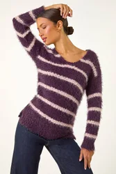 Women's Stripe Fluffy Knit Jumper in Plum Size: 16 - Plum - Size: 16