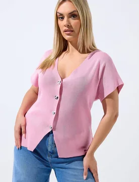 Women's Short Sleeve Knitted Top in Pink Size: 16 - Pink - Size: 16 - Yours - FashionsVida