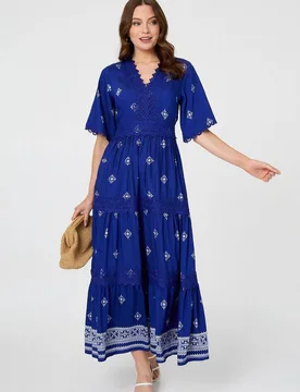 Women's Border Print 1/2 Sleeve Maxi Dress in Blue Size: 18 - Blue - Size: 18 - Izabel London - FashionsVida
