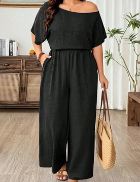 Mono casual de vacaciones para mujer talla grande con cuello asimétrico, manga corta, cintura ceñida y tela de lino sintético 3XL - Shein - FashionsVida