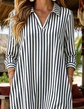 Vestido casual holgado de manga larga con cuello a rayas para mujer S - Shein - FashionsVida