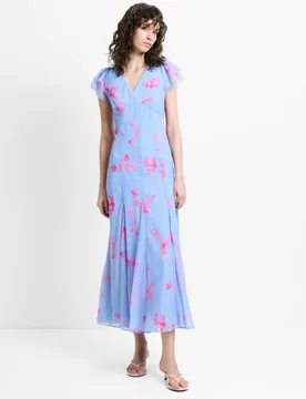 Chiffon Floral V-Neck Midi Tea Dress Blue Mix female - French connection - FashionsVida