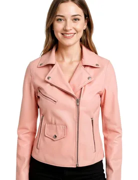 Women's Classic Brando Biker Leather Jacket - Secunda in Baby Pink Size: 22 - Baby Pink - Size: 22 - Infinity Leather - FashionsVida